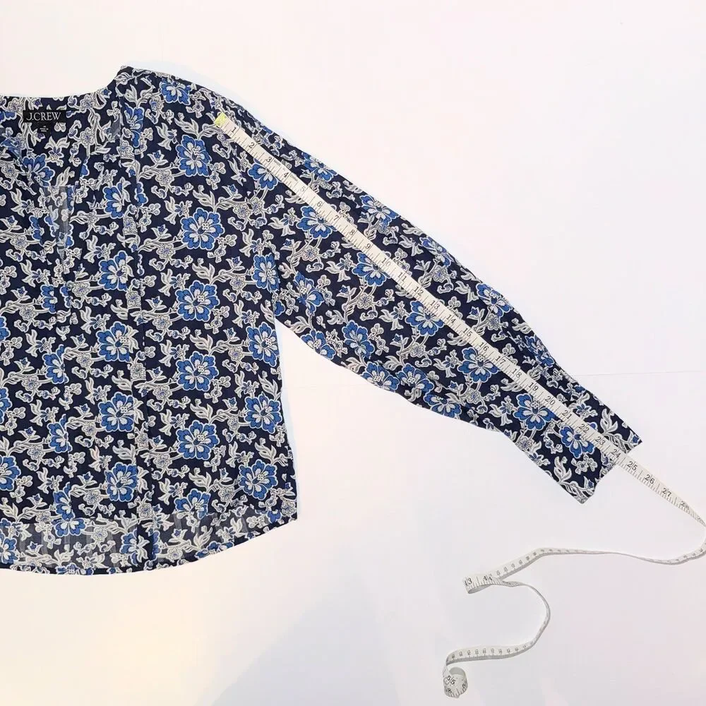 J.Crew V Neck Tie Top Floral Cotton Blend Dobby Blue Floral Long Puff Sleeve M